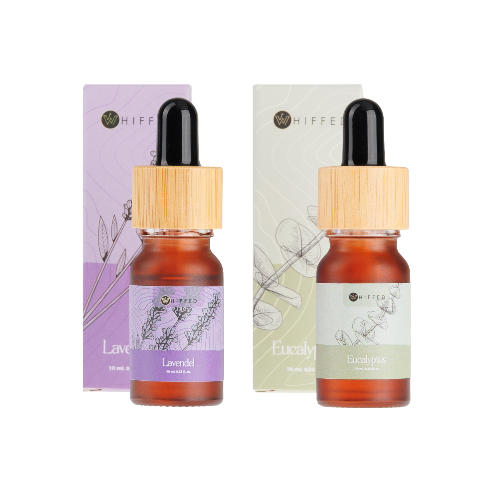 whiffed_show - 10ml duo-pakket van lavendel en eucalyptus etherische oliën, ideaal voor rustgevende aromatherapie en verlichting van de luchtwegen.